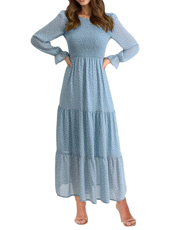 BTFBM Women Casual Long Sleeve Crew Neck Fall Dress Bohemian Relaxed Fit Floral Flowy Maxi Dresses Tiered Cocktail Dress, Floral Blue White, M