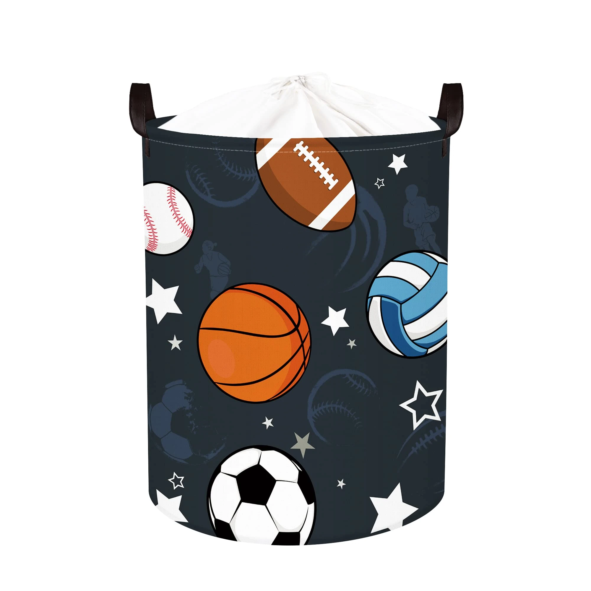 Clastyle 45L Black Sports Ball Kids Toy Storage Basket for Bedroom Basketball Football Baby Laundry Basket with Lids Round Clothes Washing Basket for Children, 14.2x17.7 in