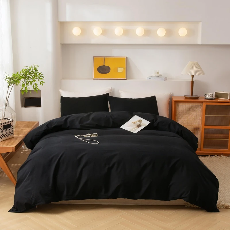ECOCOTT 3 Pieces Duvet Cover Set Queen 100% Washed Cotton 1 Duvet Cover with Zipper and 2 Pillowcases, Ultra Soft and Easy Care Breathable Cozy Simple Style Bedding Set (Black,Queen)