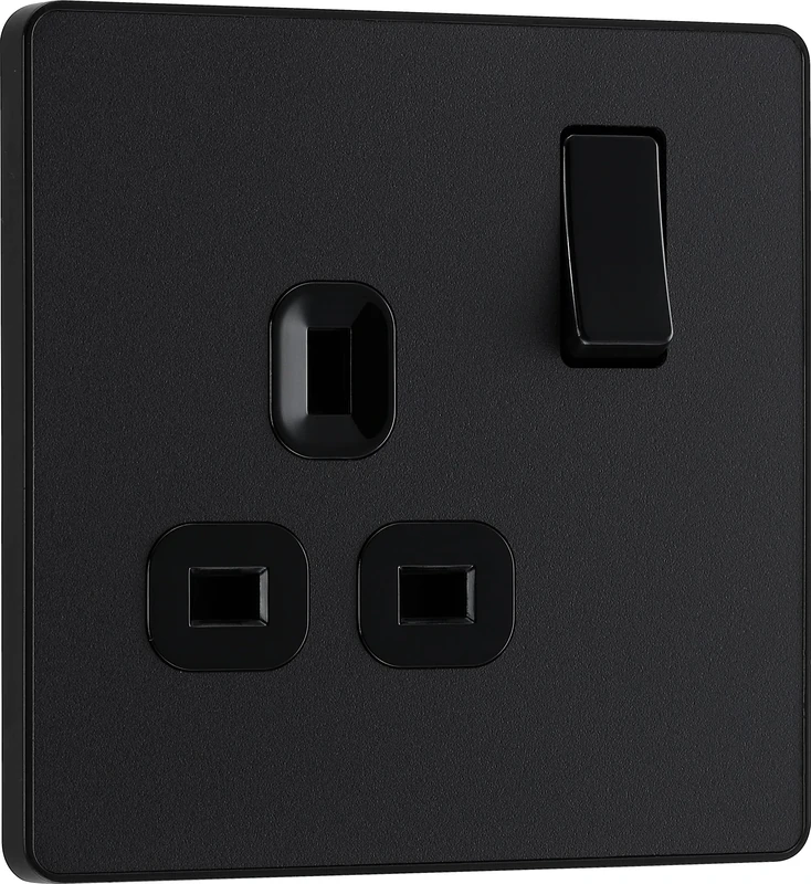 BG Electrical Single Switched Power Plug Wall Socket, Screwless Front Plate, Round Edges, Evolve, Matt Black, 13A, PCDMB21B