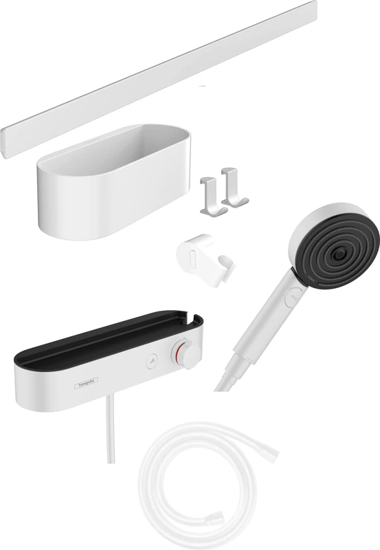 Hansgrohe WallStoris Bundle Hand Shower 105 3 Sprays Activation Water-Saving, Thermostat, Wall Bar 70 cm and Storage Set, Matt White, 24250700