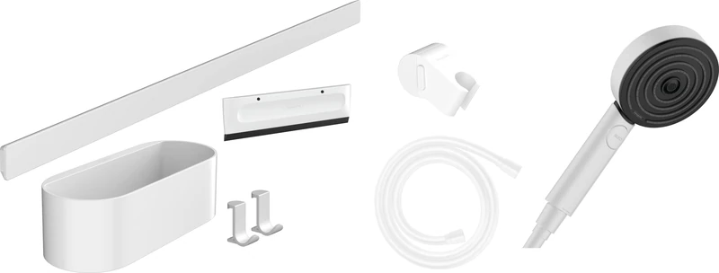 Hansgrohe WallStoris Bundle Hand Shower 105 3 Sprays Activation Water-Saving, Wall Bar 70 cm and Storage Set, Matt White, 24291700