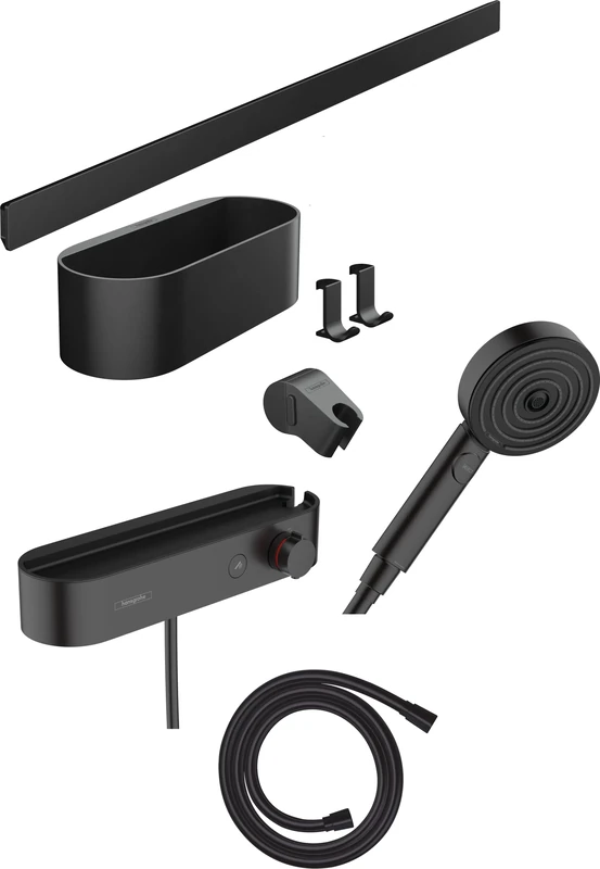 Hansgrohe WallStoris Bundle Hand Shower 105 3 Sprays Activation Water-Saving, Thermostat, Wall Bar 70 cm and Storage Set, Matt Black, 24250670