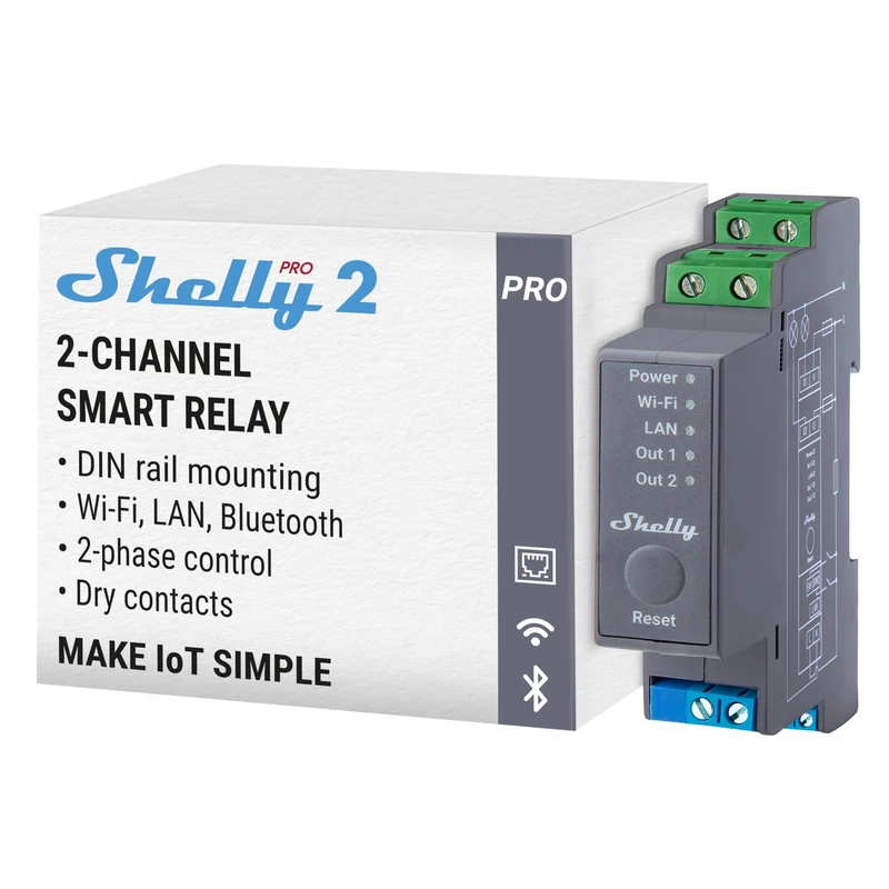 Shelly Pro 2, Wi-Fi 2-Channel Smart Relay Switch, Home Automation, Dry Contacts, Compatible with Alexa & Google Home, iOS Android App, Lights Automation, Remote Control, DIN-rail Mounting