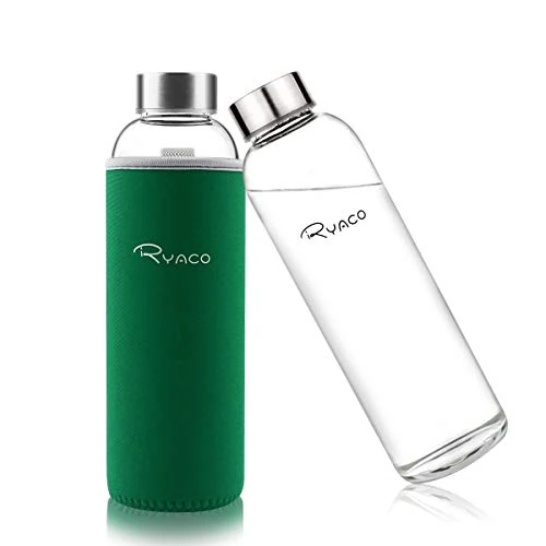RYACO Glass Water Bottle 550ml/750ml/1000ml/1L,Borosilicate Glass Bottle with Neoprene Protective Case for Hot Cold Drinks,BPA-Free Leak Proof,Dishwasher Safe