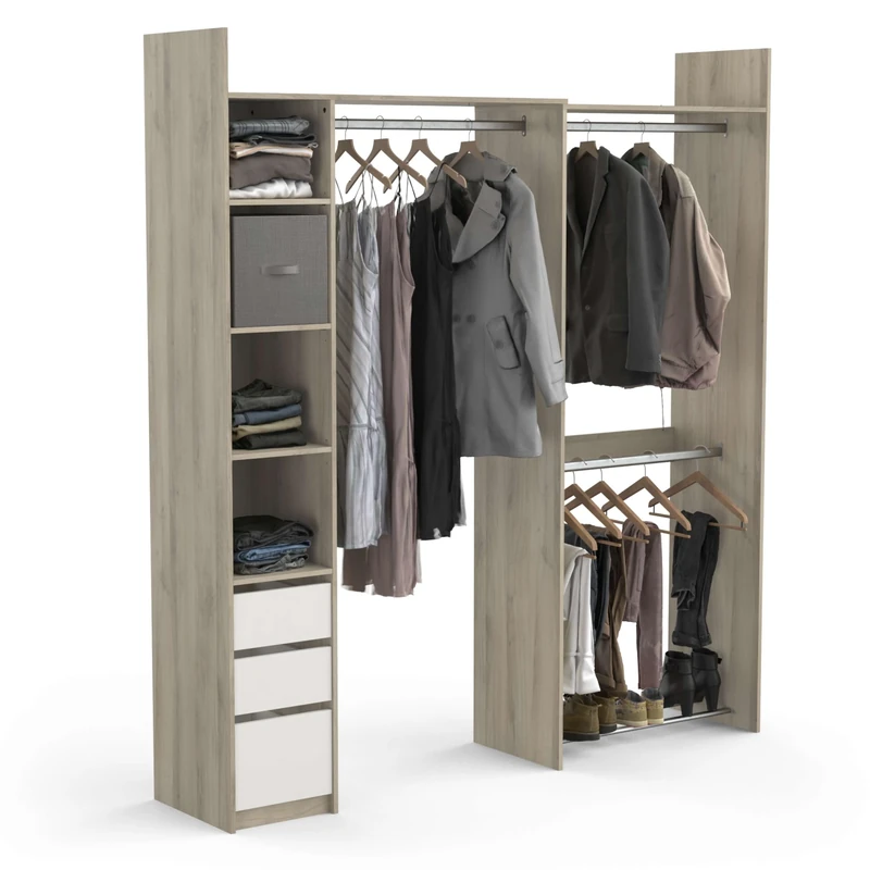 Kit Dressing Extensible D’Angle Ouvert & Modulable 3 Tiroirs 3 Barres De Penderie – Coloris Chêne & Blanc - 199,7 x 43,9 x 218,3 cm