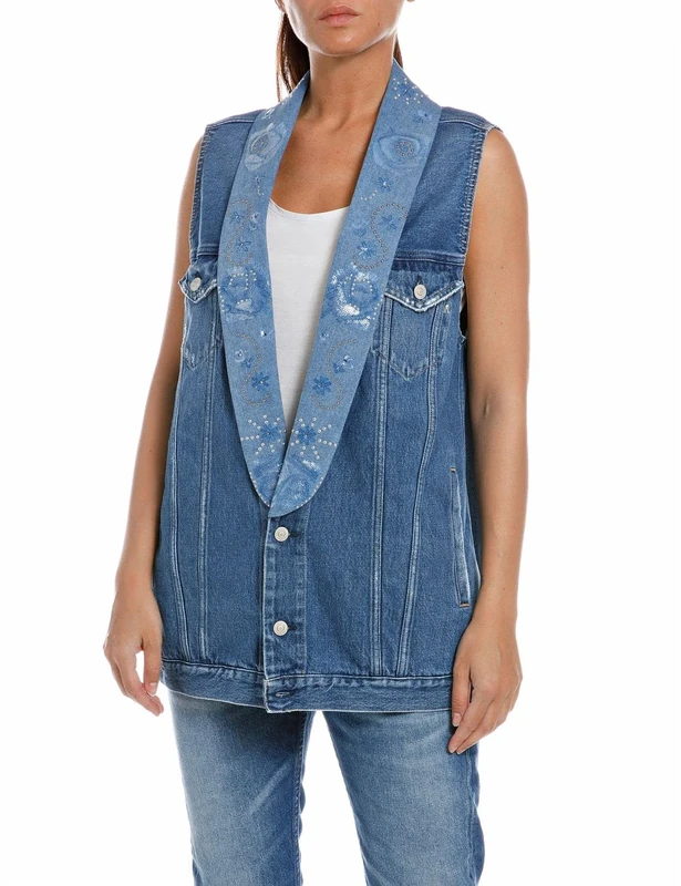 REPLAY Women's W7797 Denim Vest, 009 Medium Blue, XXS