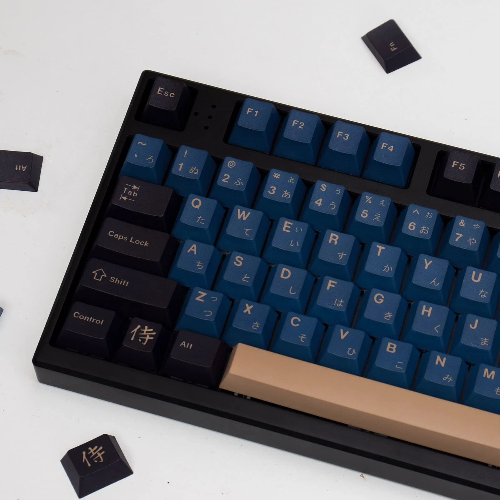 PBT Japanese Keycaps with Keycap Puller 129 Keys Cherry Profile Dye Sublimation Blue Samurai Keycaps Set for 61/64/68/84/87/96/104/108 Mechanical Gaming Keyboard
