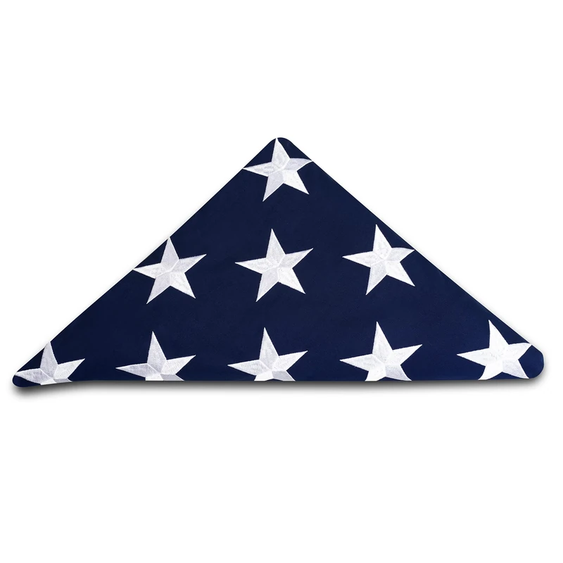 This Folded Memorial Flag American US Cotton Flag 5 x 9.5 ft Premium 100% Cotton For Veteran, Embroidered Stars, Sewn Stripes, 4 Rows of Lock Stitching, Brass Grommets USA Burial Casket Flags