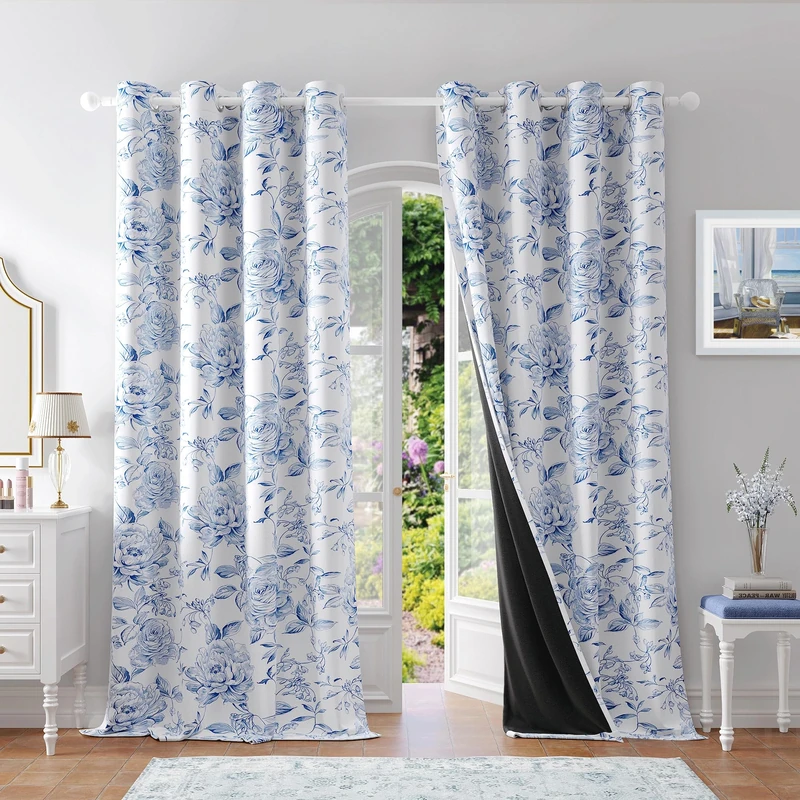 Beauoop Boho Floral Full Blackout Window Curtain Panels 100% Room Darkening Thermal Insulated Noise Reducing Drapes for Bedroom/Living Room Rose Grommet Window Treatment,Set of 2, 50W x 84L,White/Blue