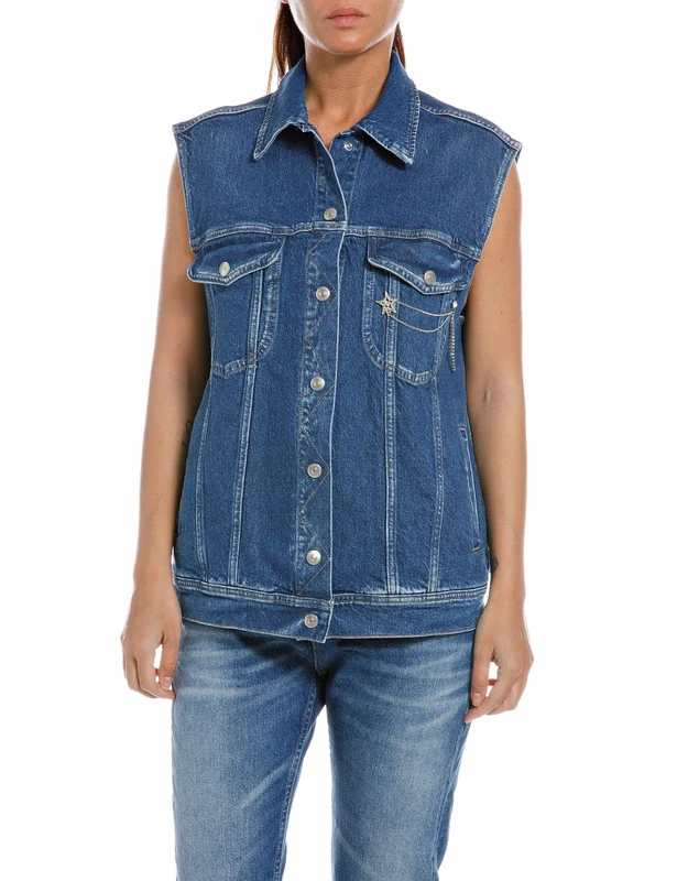 REPLAY Adult W7793 Rose Label Pack Denim Vest, Medium Blue 009, M