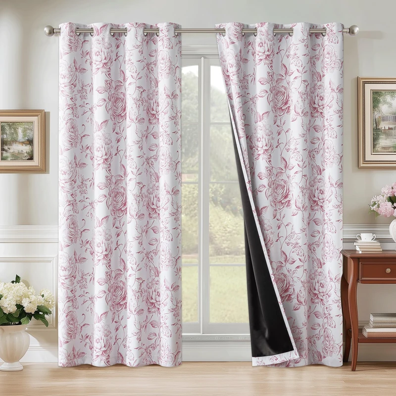 Beauoop Floral 100% Blackout Curtains 63 Inches Long 2 Panels for Bedroom Living Room Pink White Farmhouse Dusty Rose Flower Patterned Room Darkening Thermal Grommet Window Treatments Drapes, 50X63