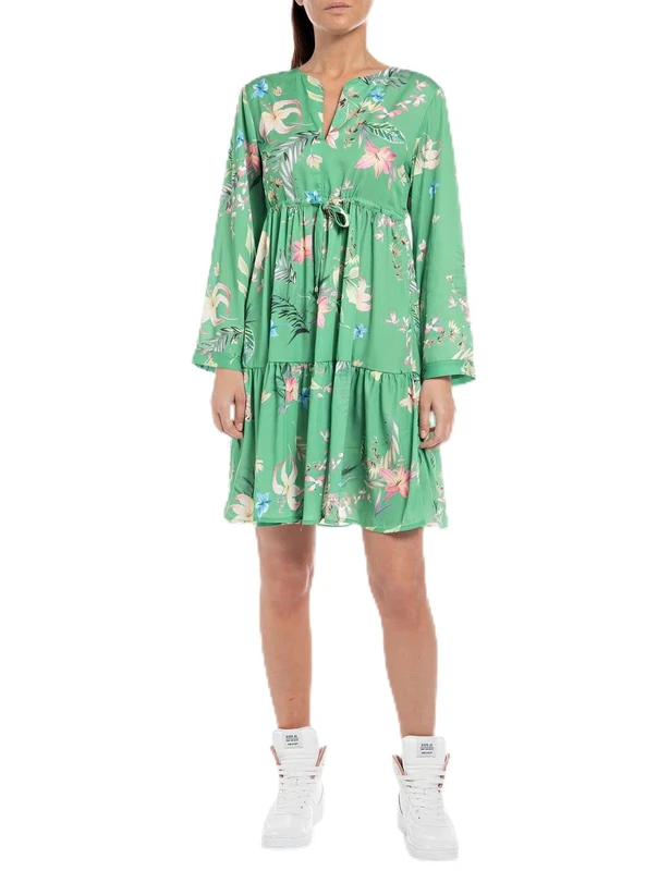 REPLAY Women's Dress, 010 Green/Multicolor, XL