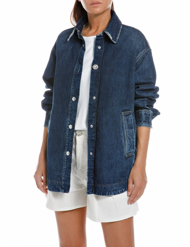REPLAY Women's W7798 Denim Jacket, 007 Dark Blue, XL