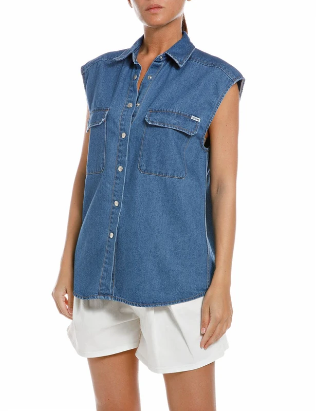 REPLAY Adult W2096A Linen and Tencel Blouse, Medium Blue 009, M