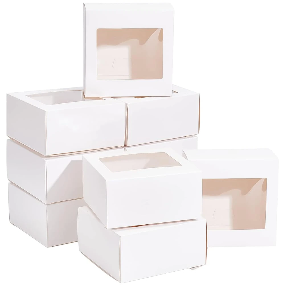 BENECREAT 18Packs 12x12x6cm Clear PVC Square Window Gift Boxes, White Kraft Paper Present Boxes for Showers, Weddings, Birthday Parties