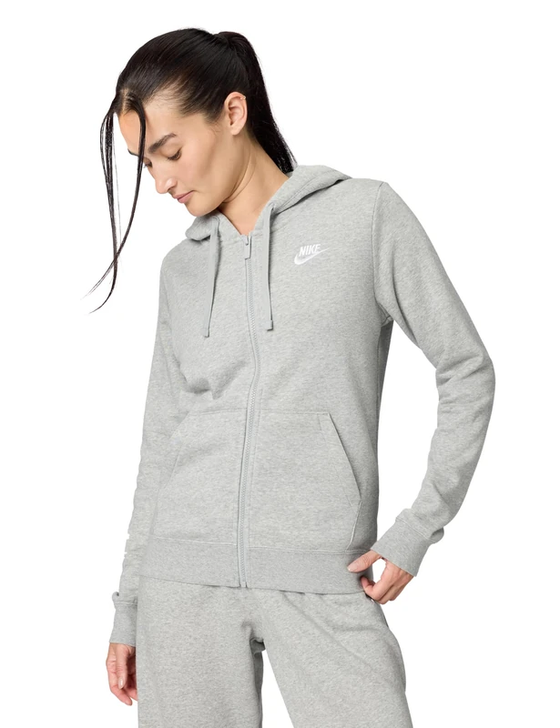 NIKE DQ5471-063 W NSW CLUB FLC FZ HOODIE STD Sweatshirt Women's Dk Gray Heather/White Size M