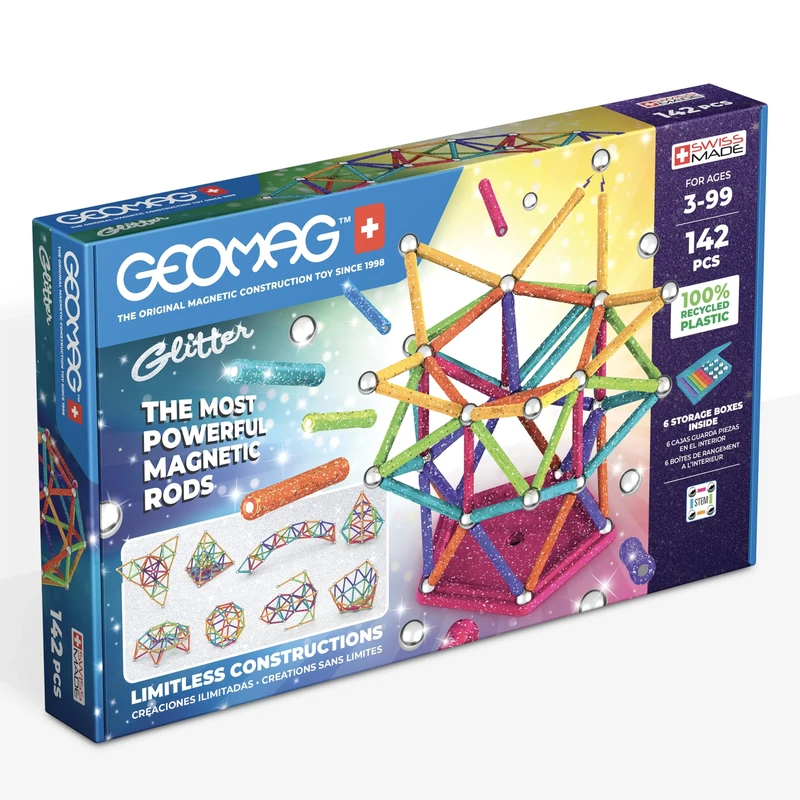 Geomag Recycled Glitter, Magnetic Constructions With Effect, Colorful And Glittery Bars, 142-Piece Pack, For Boys and Girls 3+