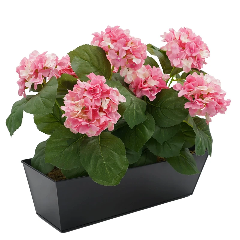 GreenBrokers Artificial Pink Hydrangea Flower Bush in Black Tin Window Box (45cm) with Nine Flower Clusters for Home or Outdoor Living