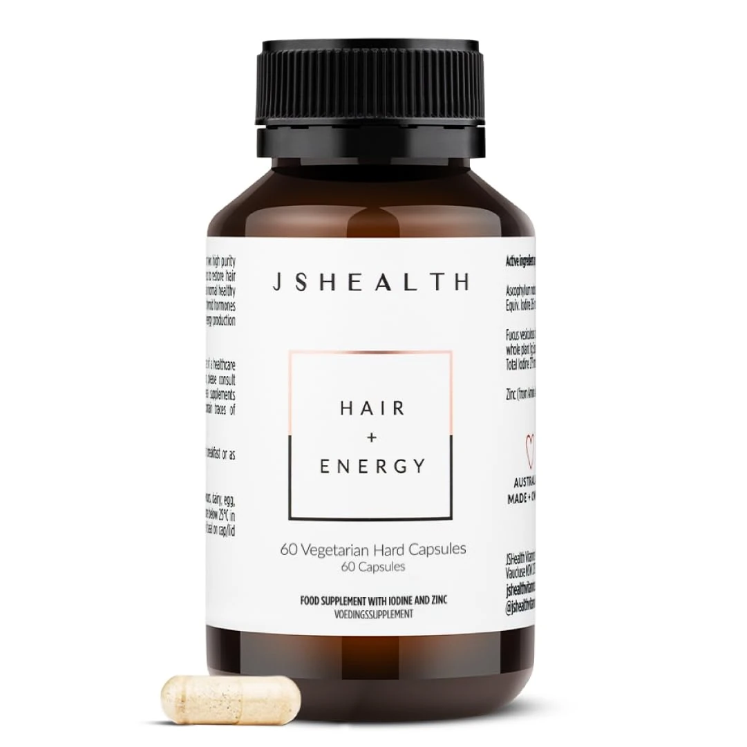 JSHealth Vitamins Hair and Energy Formula, Hair Growth Supplement for Women and Men, Zinc and Iodine Capsules for Healthy Growth, Hair Loss Support, 60 Capsules