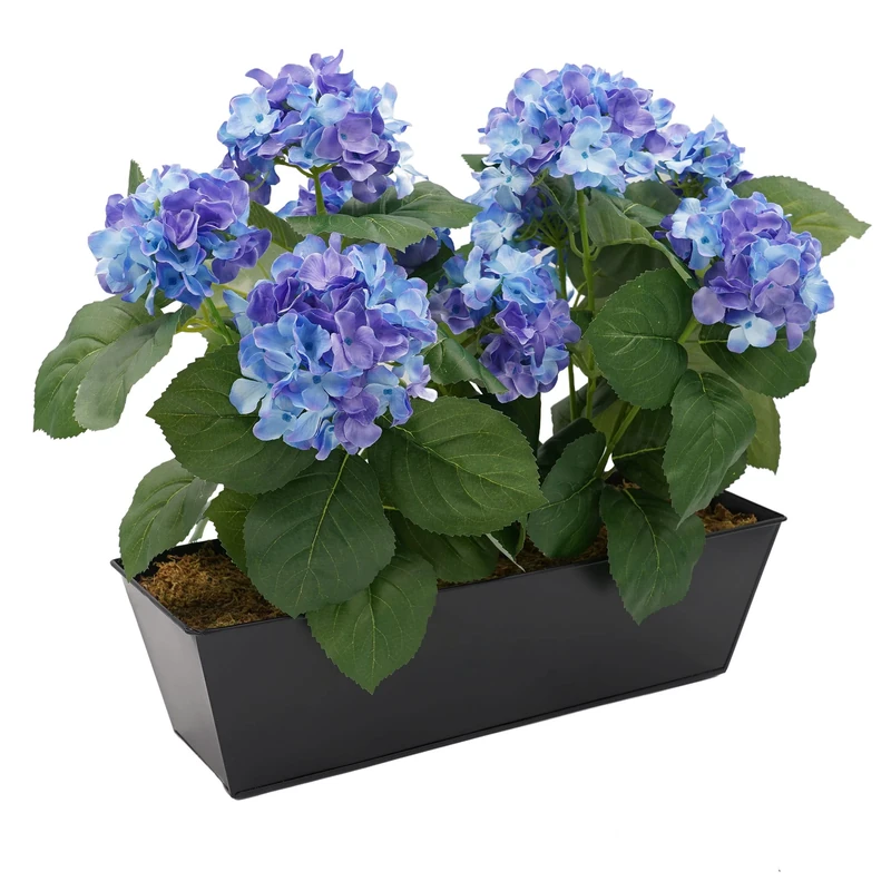 GreenBrokers Artificial Blue Hydrangea Flower Bush in Black Tin Window Box (45cm) with Nine Flower Clusters for Home or Outdoor Living