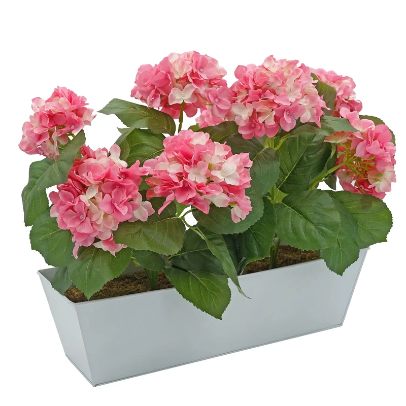 GreenBrokers Artificial Pink Hydrangea Flower Bush in White Tin Window Box (45cm) with Nine Flower Clusters for Home or Outdoor Living