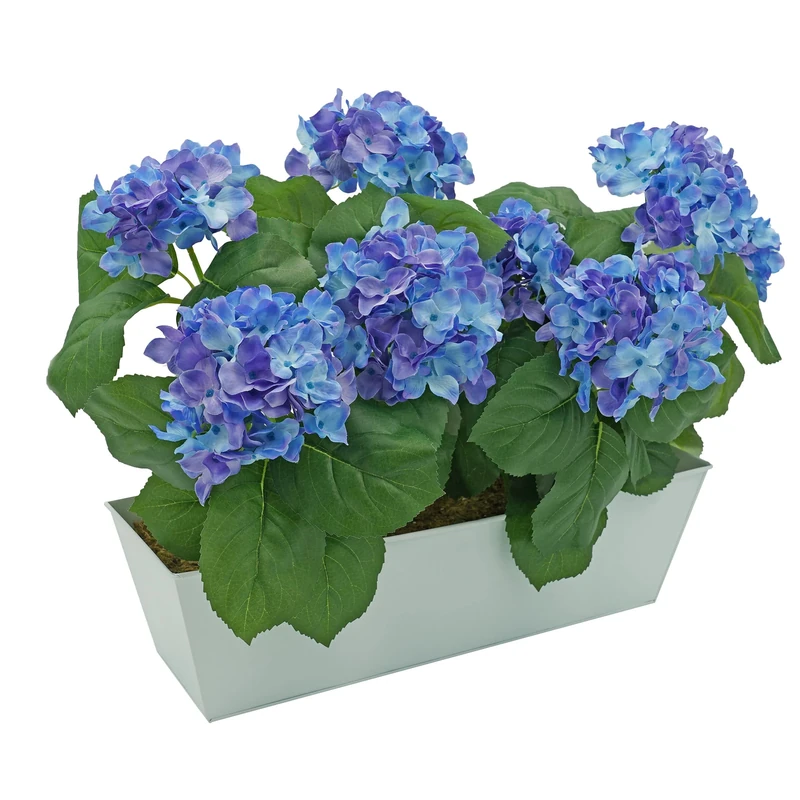 GreenBrokers Artificial Blue Hydrangea Flower Bush in White Tin Window Box (45cm) with Nine Flower Clusters for Home or Outdoor Living