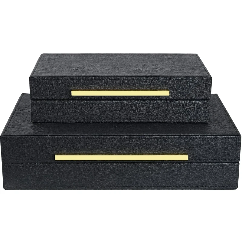 ZIKOUL Black Shagreen box Set of 2 Faux Leather Decorative Boxes,Large Nesting Storage Decorative Boxes with Lids for Modern Home Decor Stacking Jewelry Box Organizer