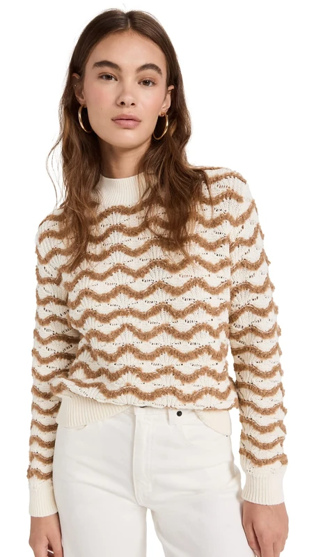 Rebecca Taylor Women's Wavy Stripe Stitched Turtleneck Sweater, Full Moon, S