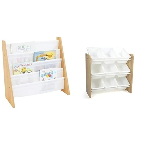 Humble Crew Journey Wooden Bookshelf and Toy Storage Organiser Furniture Set for Children, 4 Tier Book Storage, Toy Storage Organiser with 9 Storage Bins - Natural Wood/White