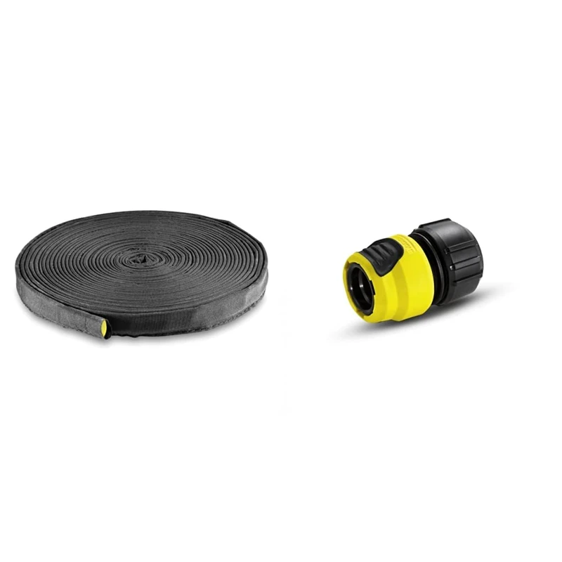 Karcher 2.645-228.0 25 m Soaker Hose for Garden Irrigation System Black & 2.645-194.0 Universal Hose Connector Plus with Aqua Stop, Black, Yellow, 140.0 mm*48.0 mm*82.0 mm