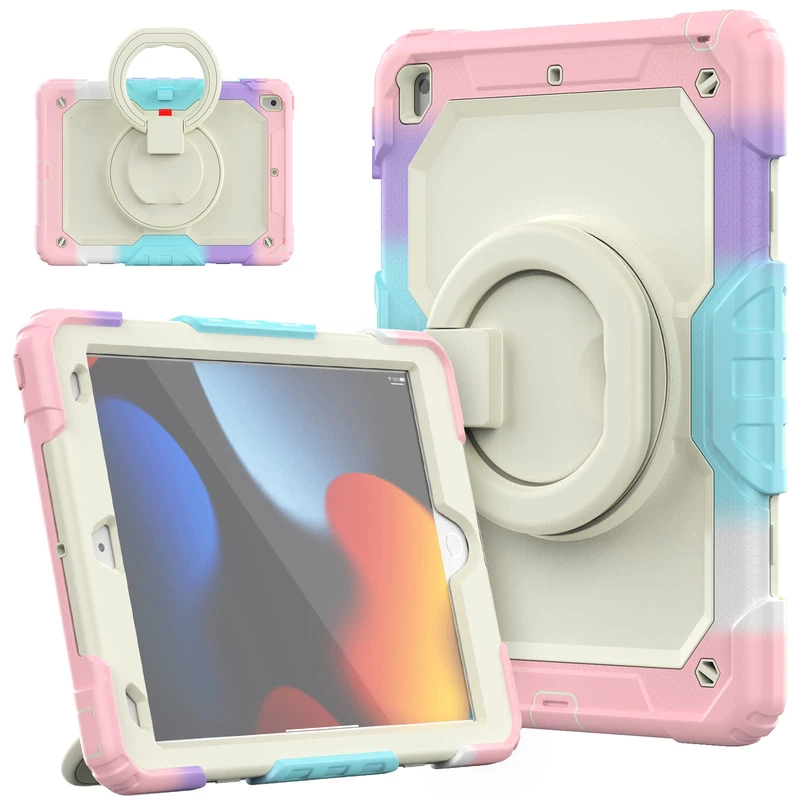 HUEZOE iPad 10.2 Inch Case, Model 2021/2020/2019 Shockproof Full Body Protective Cover with 360 Degree Rotating Stand Shoulder Strap for iPad 9/8/7, Pink Rainbow