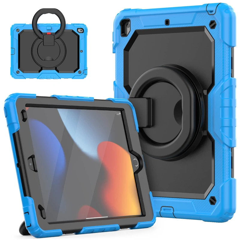 HUEZOE Case for iPad 10.2 Inch, Model 2021/2020/2019 Shockproof Full Body Protective Cover with 360 Degree Rotating Stand Shoulder Strap for iPad 9/8/7, Light Blue