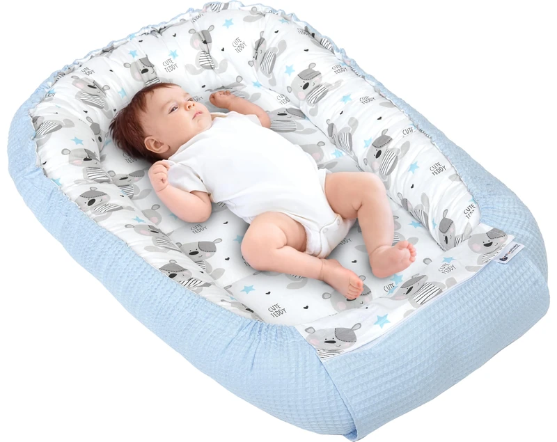 Medi Partners Baby Nest Pod for Newborn Babynest Sleep Bed - 100x60x15 Lounger Essentials 0-12 Months sleeping bilateral Cocoon 100% Cotton Waffle (Teddy with light blue Waffle)