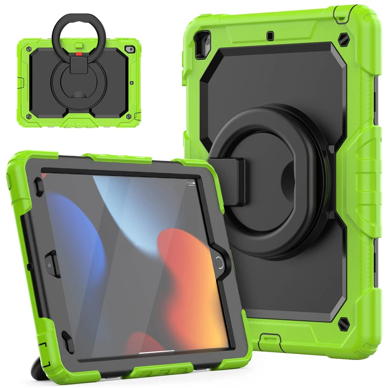 HUEZOE Case for iPad 10.2 Inch, Model 2021/2020/2019 Shockproof Full Body Protective Cover with 360 Degree Rotating Stand Shoulder Strap for iPad 9/8/7, Green