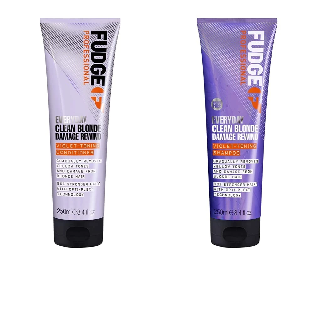Fudge Professional Purple Conditioner, Everyday Clean Blonde Damage Rewind Gradual Toning for Blonde Hair, 250ml & Purple Shampoo, 250ml