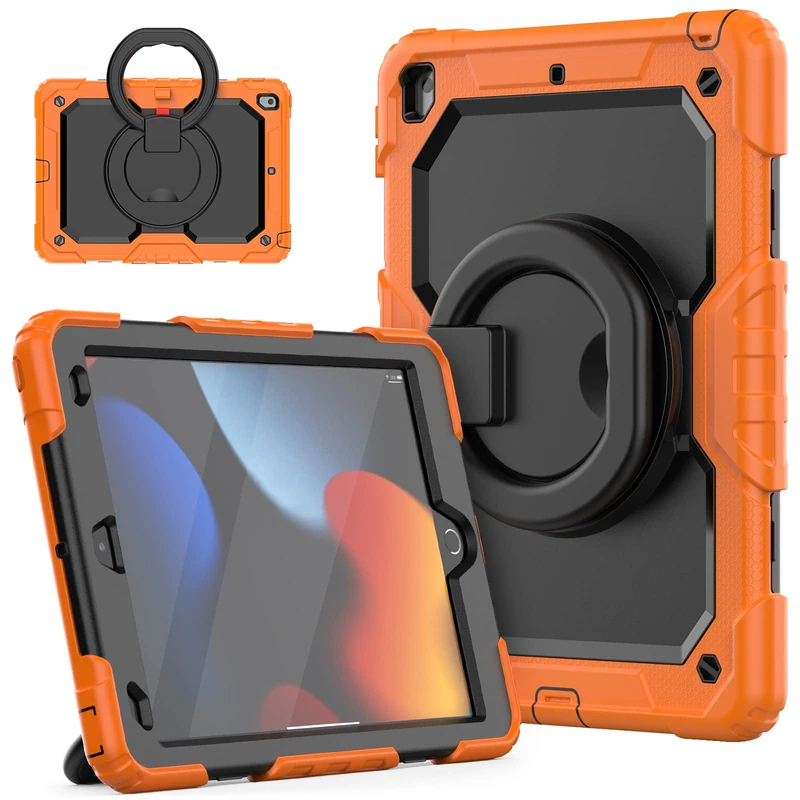 HUEZOE iPad Case 10.2 Inch 2021/2020/2019 Shockproof Full Body Protective Cover with 360 Degree Rotating Stand Shoulder Strap for iPad 9/8/7, Orange