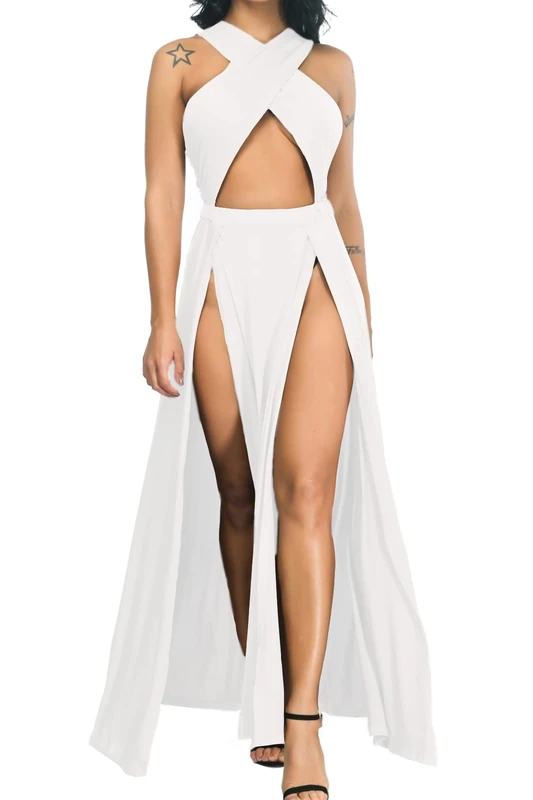 Velius Women Sexy Hollow Out Halter Wrap Sleeveless Plain Pleated Slit Casual Long Maxi Dress, White, M