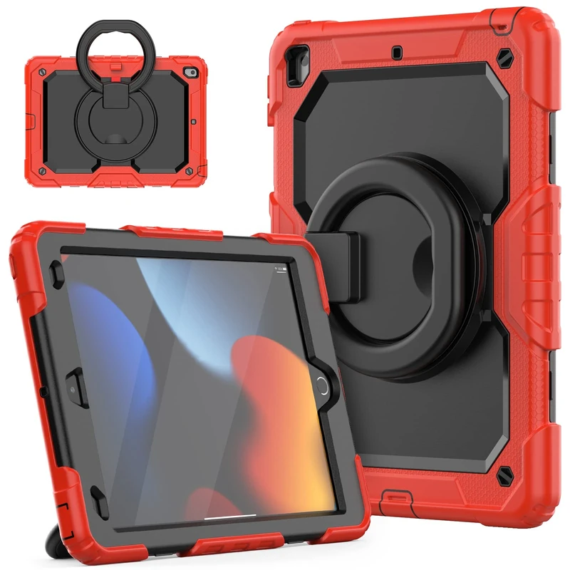 HUEZOE iPad 10.2 Inch Case, 2021/2020/2019 Model Shockproof Full Body Protective Cover with 360 Degree Swivel Stand Shoulder Strap for iPad 9/8/7, Red