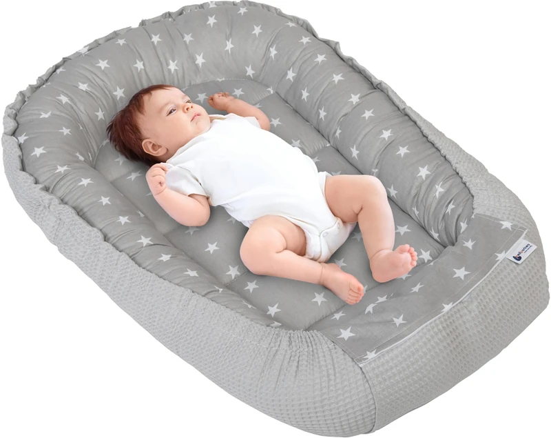 Medi Partners Baby Nest Pod for Newborn Babynest Sleep Bed - 100x60x15 Lounger Essentials 0-12 Months sleeping bilateral Cocoon 100% Cotton Waffle (Stars with grey Waffle)