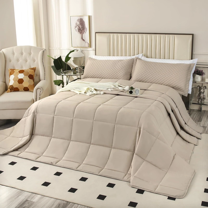 SOULOOOE 128x120 Oversized King Plus Comforter, Extra Large King Size Quilts 3 Pieces Lightweight Reversible Down Alternative Comforter for All Season with 8 Corner Tabs -Beige