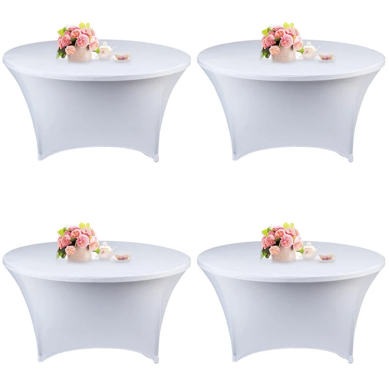 4 Pack 6FT Round Spandex Tablecloth 72 Inch White Stretchable Table Cover Washable and Wrinkle Resistant Table Cloth, Fitted Round Table for Wedding, Banquet, Birthday, Party, Restaurant (White)