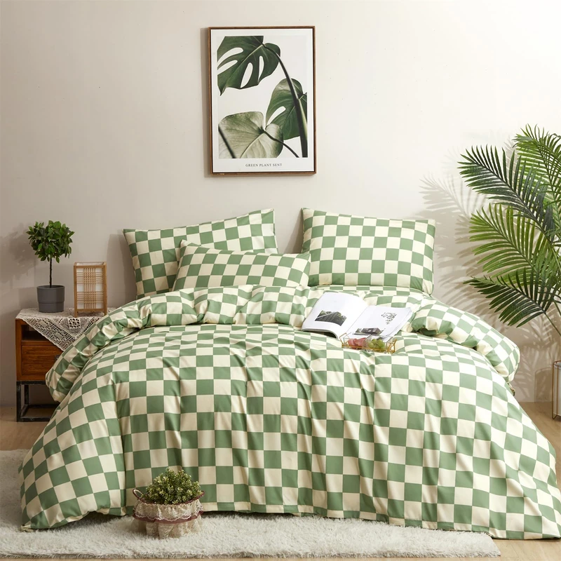 Houseri King Size Sage Green and White Plaid Comforter Set - 3 Piece (Comforter, 2 Pillowcases) - Contemporary, Cotton Blend, Machine Washable