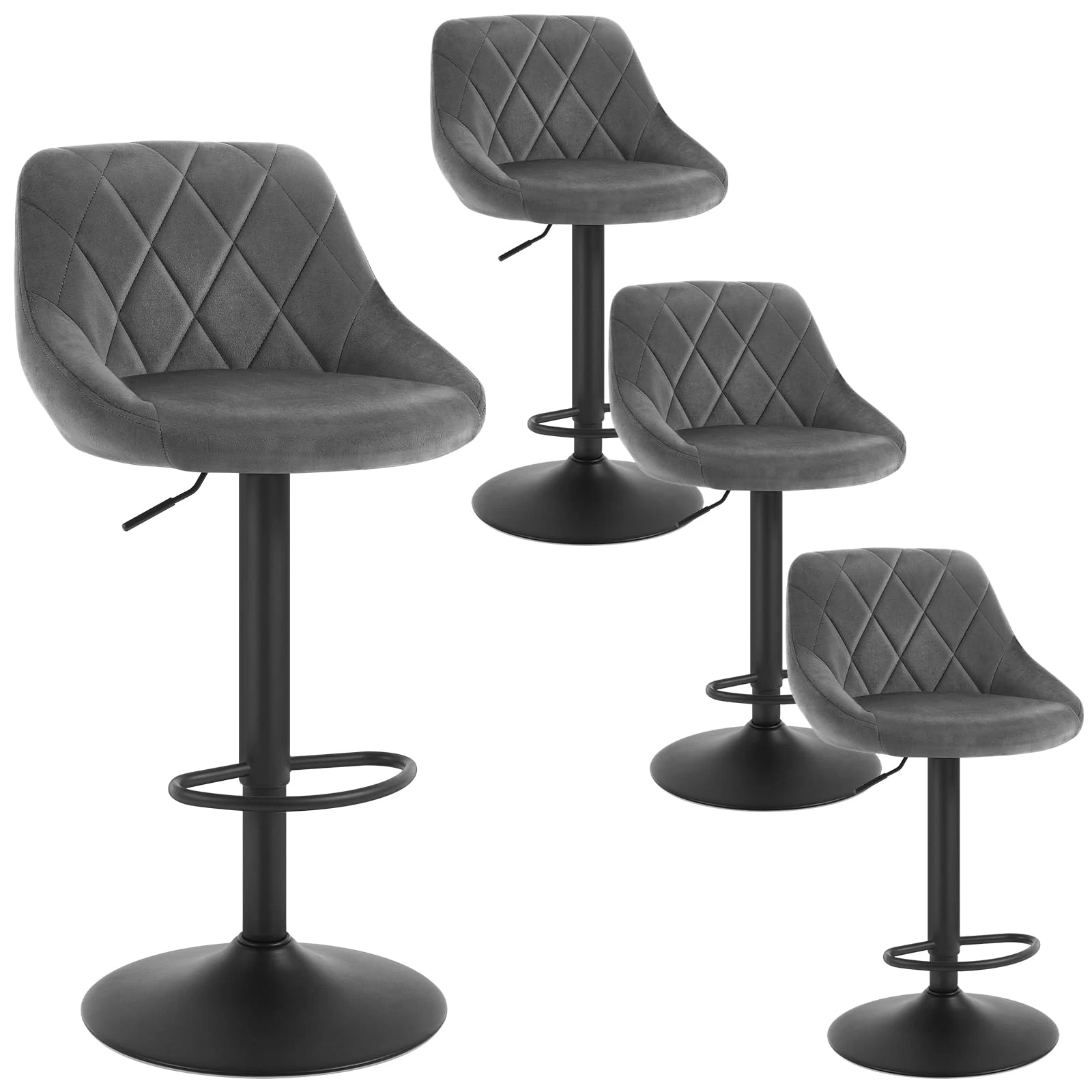 WOLTU Bar Stools Set of 4, Breakfast Bar Chairs, Height Adjustable Swivel Dining Stools for Kitchen Island Home Pub Bistro Barstools with Footrest, Velvet, Dark Grey
