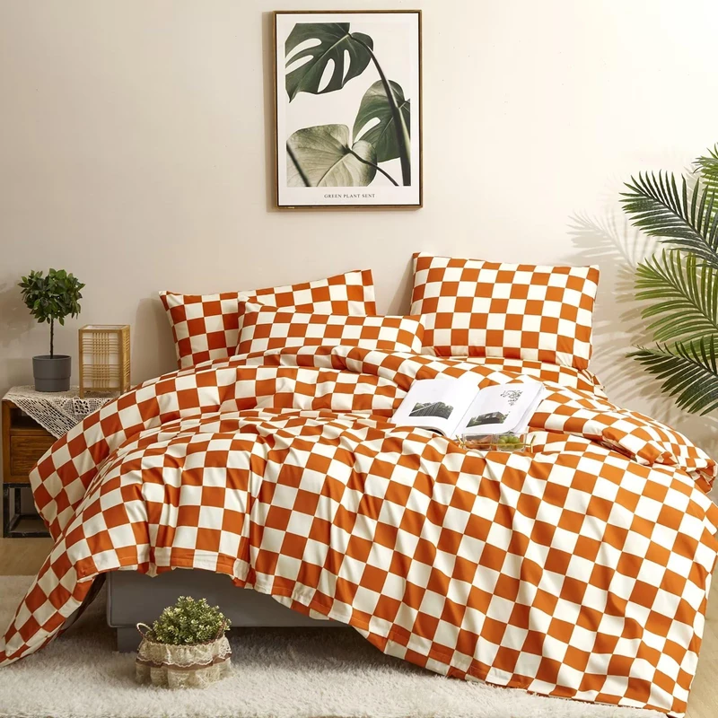 Houseri Burnt Orange Grid Comforter Set King White and Caramel Plaid Bedding Comforter Sets for Women Men Rust Orange Buffalo Checkered Bed Quilt Soft Comfy Chic Cinnamon Gingham Comforters King Size