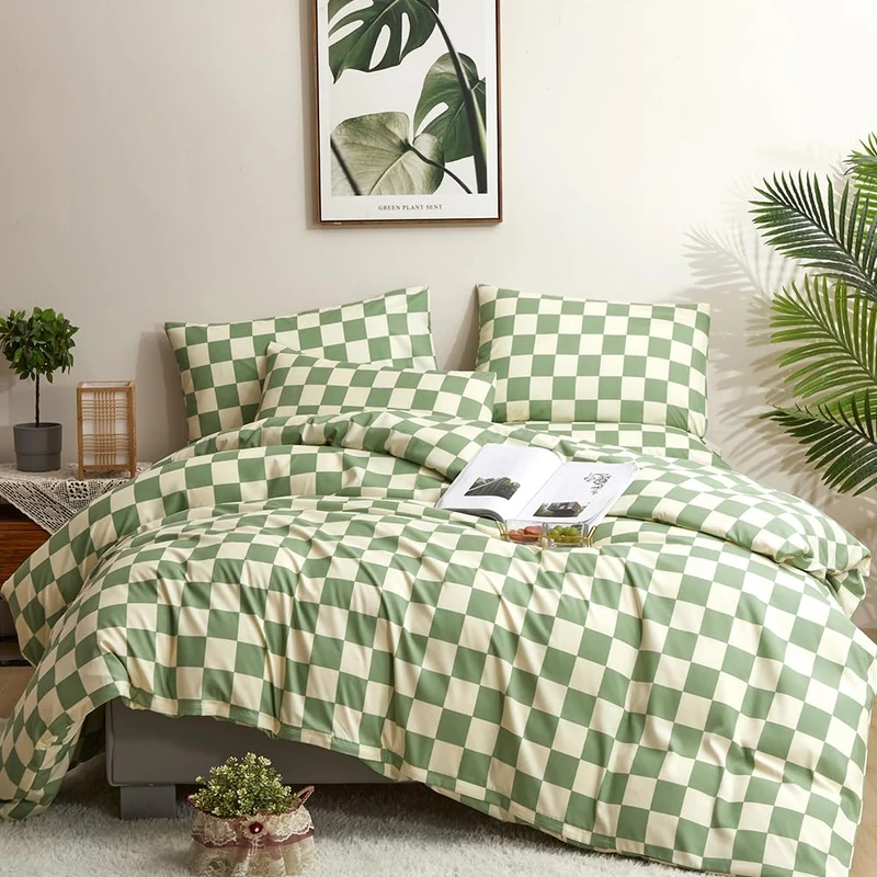 CLOTHKNOW Green White Plaid Twin/Twin XL Comforter Set Grid Bedding Comforter Sets Buffalo Checnker Comforter Soft