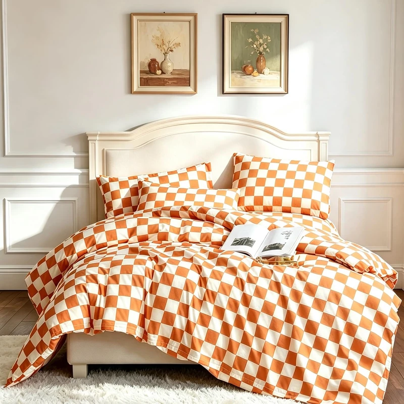 CLOTHKNOW Orange Plaid Comforter Set Full Size Grid Bedding Comforter Sets Terracotta Checker Soft All Season Comforters