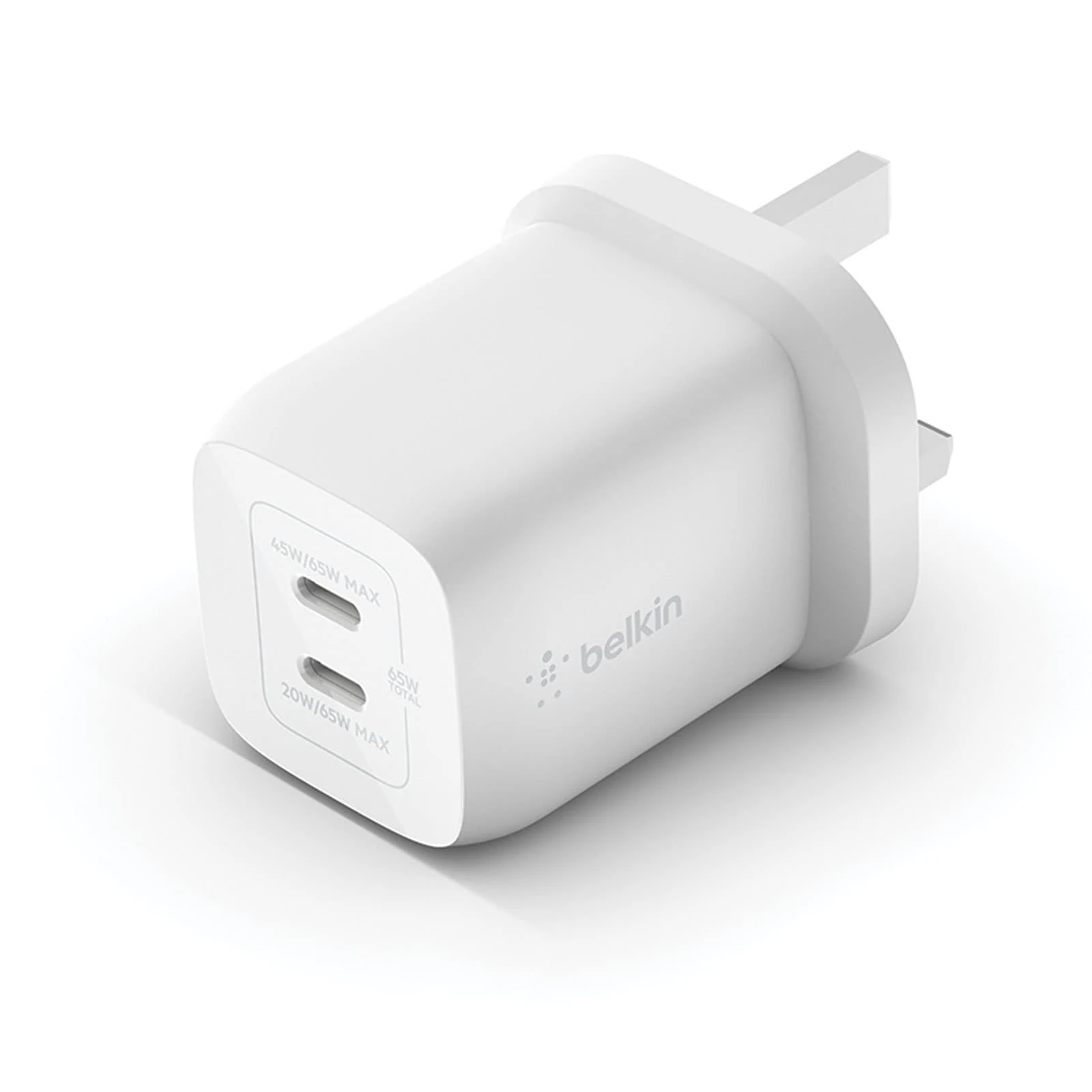 Belkin 65W Dual USB Type C Wall Charger, Fast Charging Power Delivery 3.0 with GaN Technology, USB Plug fast charger for iPhone 17, Air, iPad, MacBook, Samsung Galaxy S25, Pixel and More - White