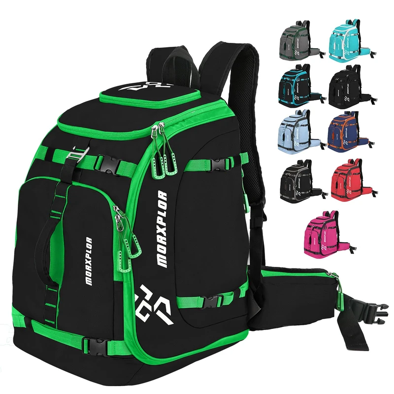 MORXPLOR 60L Padded Ski Boot Backpack Large Capacity Waterproof Travel Bag for Helmet, Glasses, Gloves, Skis, Snowboard Gear, Black/Green, Paul