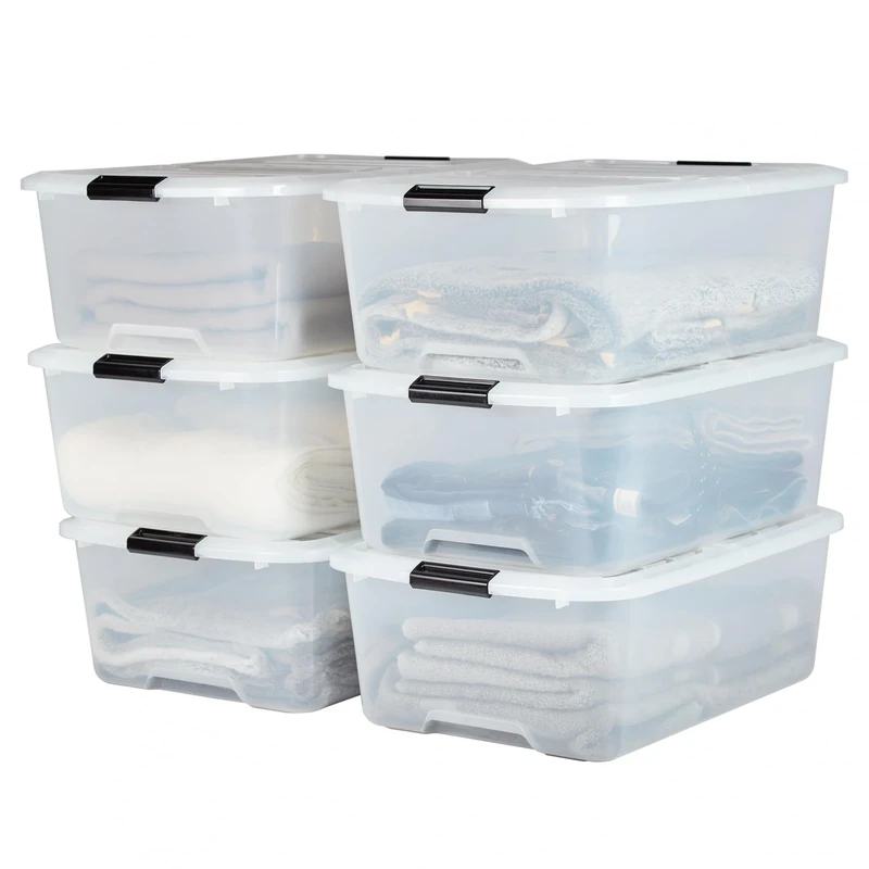 Iris Ohyama Plastic Storage Boxes with Lids, 30L, Set of 6, Clear, Latching Buckles with Handles, Stackable, Wing lid, Strong & Durable, For Closet, Garage, Home, Office, Organising Tote Bins, TBH-30